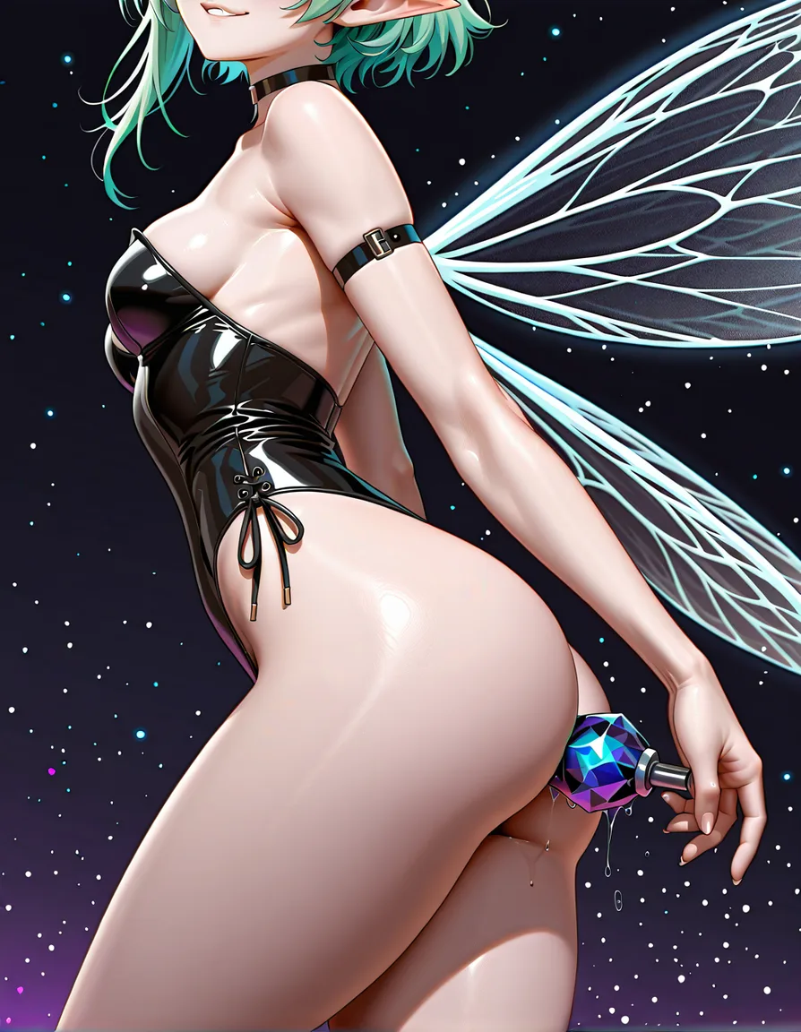 8k, sharp focus, detailed skin, three-quarter view, gothic, close-up, elf, fairy_wings, magical_girl, athletic, black_choker, playboy_bunny, @makise_kurisu, anal_object_insertion, walking, smile, hentai_studio_quality