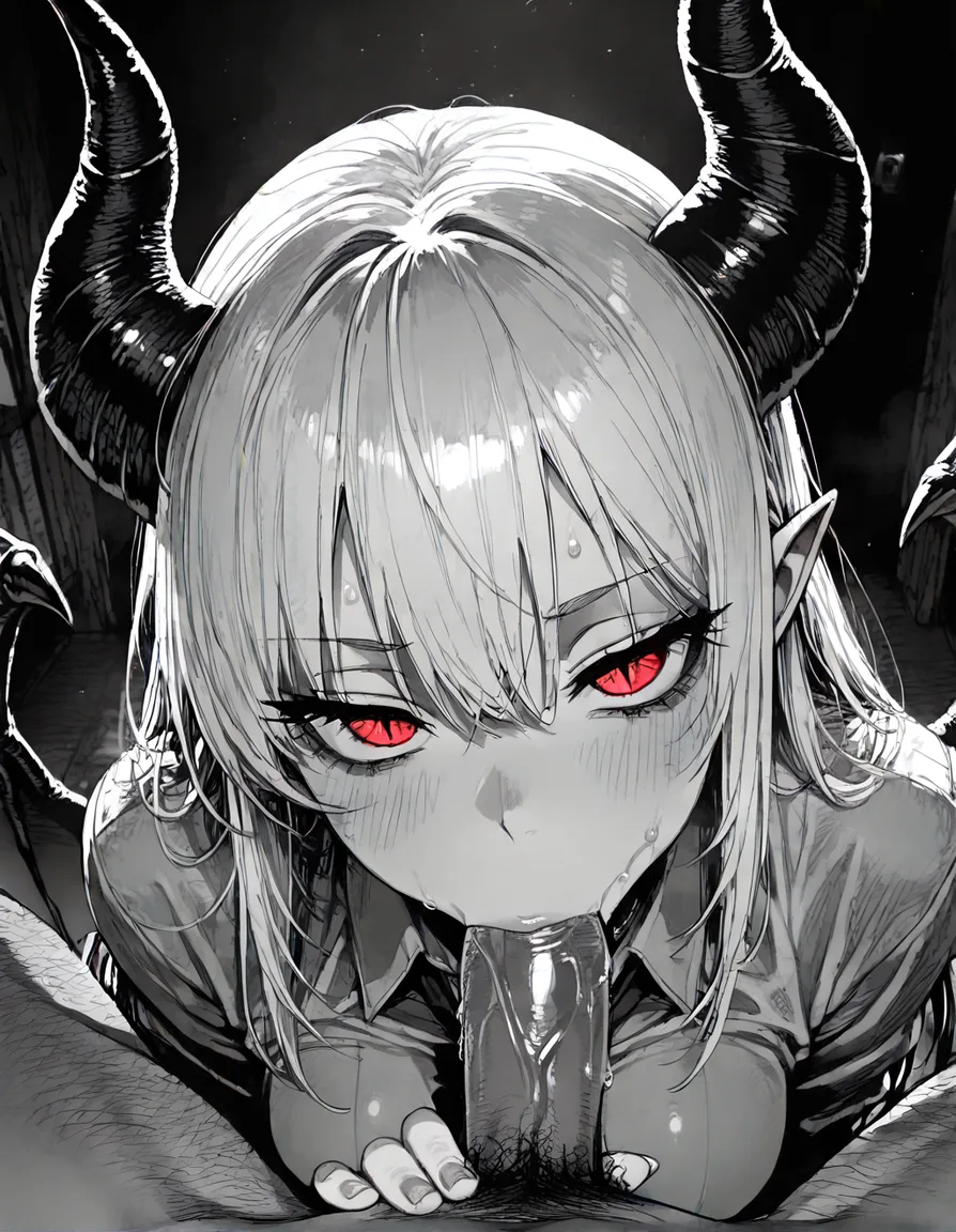 highres, vivid, succubus, collared shirt, blowjob, dominant stare, visual novel art, hentai_studio_quality