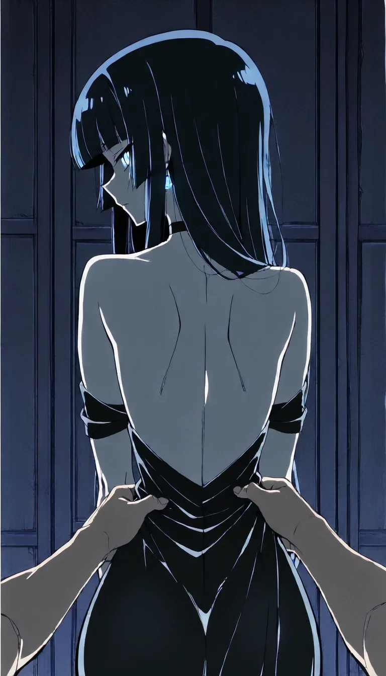 absurdres, highres, witch, blunt bangs, evening gown, arching back, POV, manga aesthetic