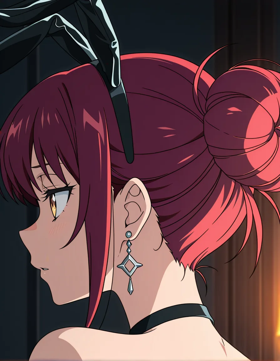 best quality, clean lines, demon girl, fake animal ears, hair bun, earrings, doggy style, portrait, highly detailed anime, (anime style:1.3), 2d, anime screencap, cel shading, flat color
