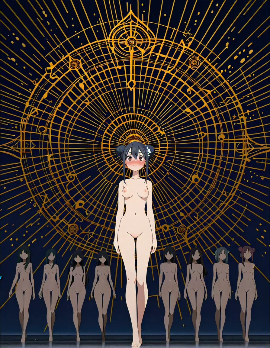 best quality, intricate details, 6+girls, double bun, pantyhose, fully nude, submissive blush, wide shot, 2D illustration, (anime style:1.3), 2d, anime screencap, cel shading, flat color