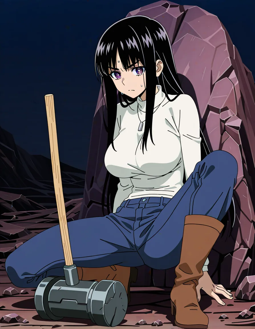 Nagi Arato from the anime “Ruri Rocks”: Nagi's body and breasts are busty, and she is wearing her normal outfit (from the series) of a long-sleeve white top, long blue pants, and brown boots. Her top is barely keeping her breasts inside.
Nagi is cracking open a rock with her hammer. As she does so, sweat drips down the swell of her breasts.
Nagi's face is able to be seen, with her big violet eyes and long black hair as normally shown in the series., (anime style:1.3), 2d, anime screencap, cel shading, flat color