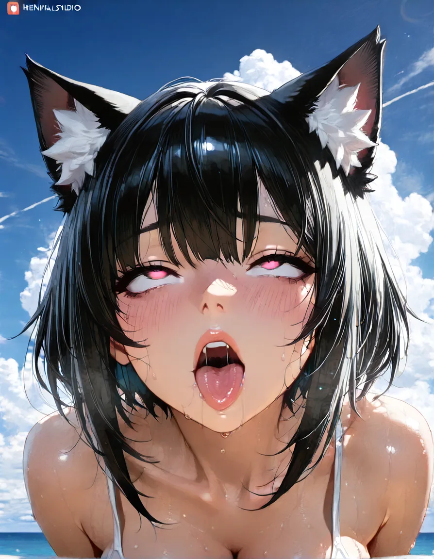 absurdres, highres, catgirl, ahegao, lips, cloud, soft cel shading, hentai_studio_quality