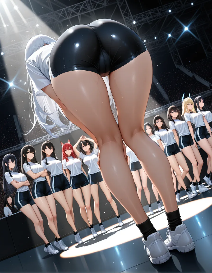 ultra HD, lifelike, 6+girls, white footwear, short sleeves, presenting, day, dutch angle, spotlight, lifelike render, hentai_studio_quality