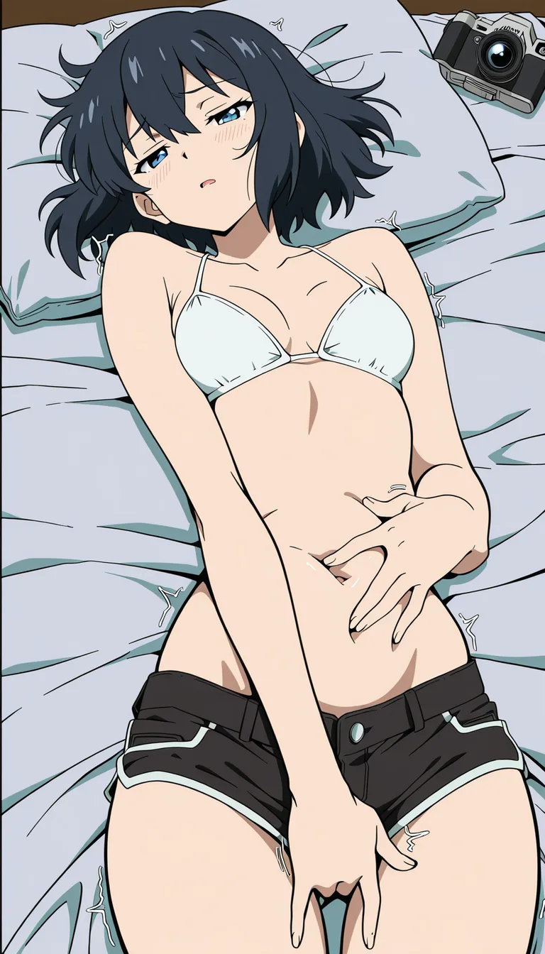 A white slightly chubby anime girl wearing a bikini bra and black short shorts, laying on back in bed in a sultry pose, slowly and sensually caressing her visibly rumbling stomach with one hand and fingering her navel with the other. From a top view perspective, the camera slowly zooms in on her stomach.