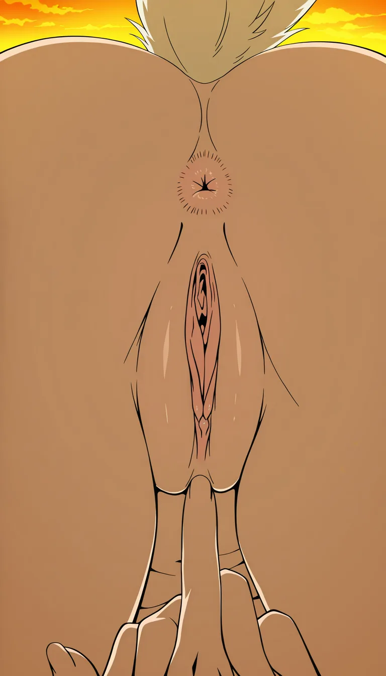 she turns toward the camera and smiles, slow motion, warm evening lightThe camera zooms out and moves lower; the girl turns around and bends over, completely naked from the waist down. She spreads her buttocks and shows her pussy and anus, inserting a finger into the anus.