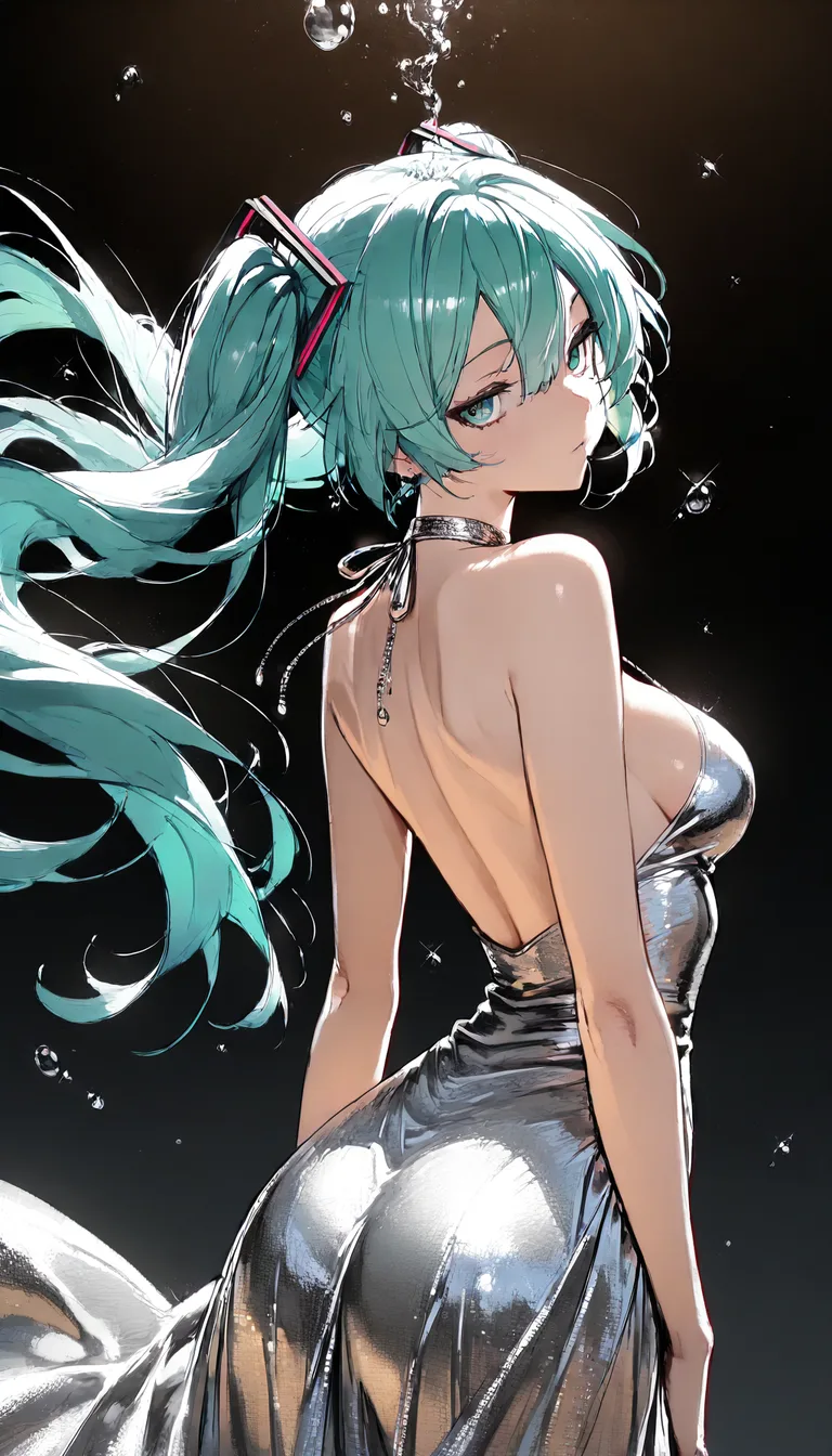 highly detailed, vibrant, 2girls, floating hair, cocktail dress, arching back, dominant stare, medium shot, 2D illustration, Hatsune Miku