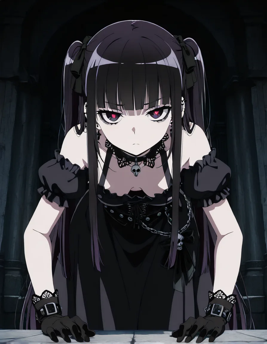 best quality, polished, 6 goth girls, gloves, bent over, explicit anime, (anime style:1.3), 2d, anime screencap, cel shading, flat color