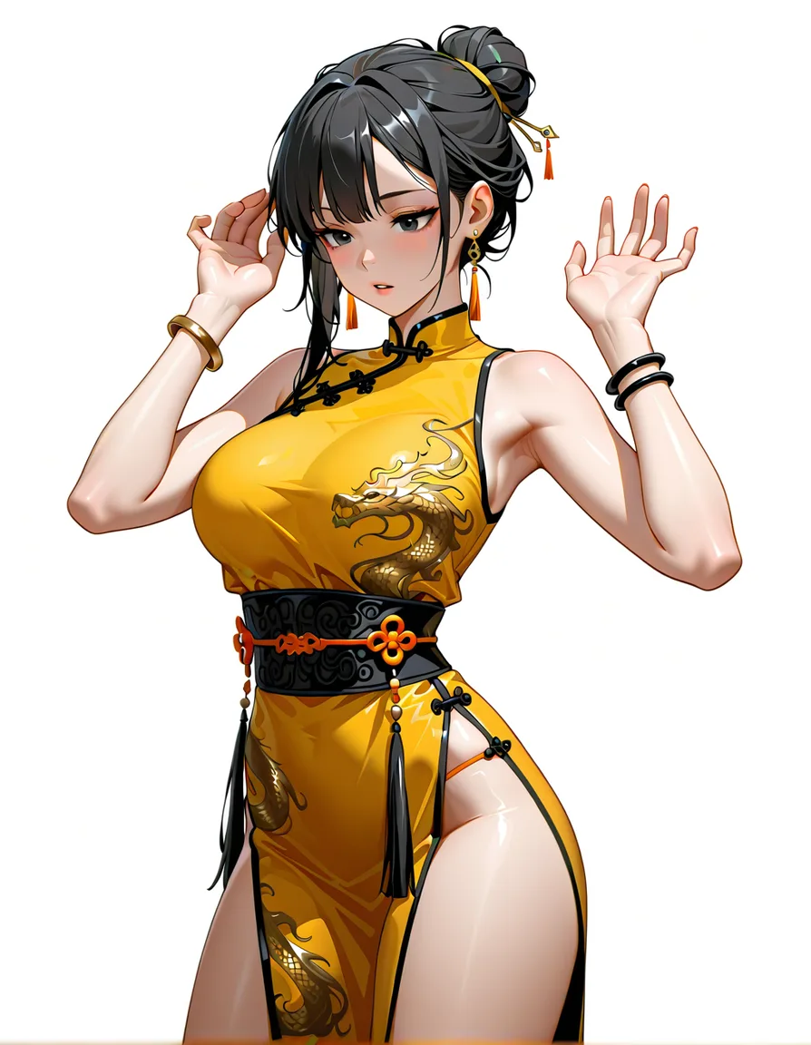 1girl, breasts, solo, jewelry, black hair, earrings, black eyes, dress, hair bun, single hair bun, bracelet, simple background, white background, large breasts, chinese clothes, sleeveless, sleeveless dress, yellow dress, hands up, parted lips, sash, standing, hentai_studio_quality