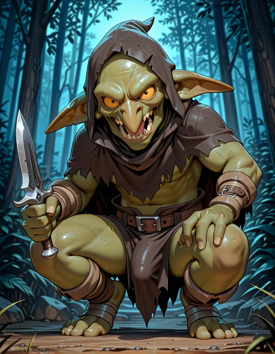 Two small, green-skinned male goblins wearing loincloths—with a visible bulge in their loincloths—acting as bandits in a forest at night; one goblin holds a dagger, sexual gaze, hentai_studio_quality