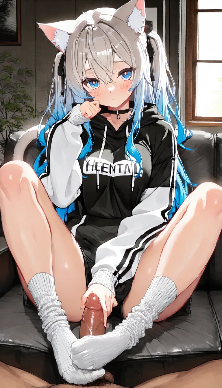 studio quality, sharp focus, catgirl, gradient hair, socks, handjob, 8k uhd photo