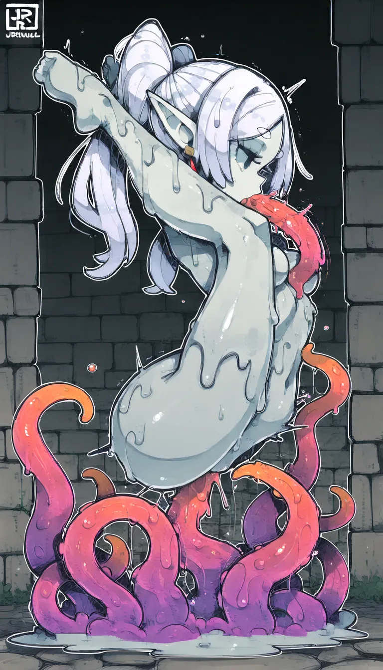 1woman, Frieren, pigtails, lying, empty eyes, partly body petrification, partly stone skin petrification, suspended on stone wall, folded, legs behind head, tentacles sex, fellatio, tentacles fuck her in all ways, vaginal sex, tentacles movements, jrpencil, side view,