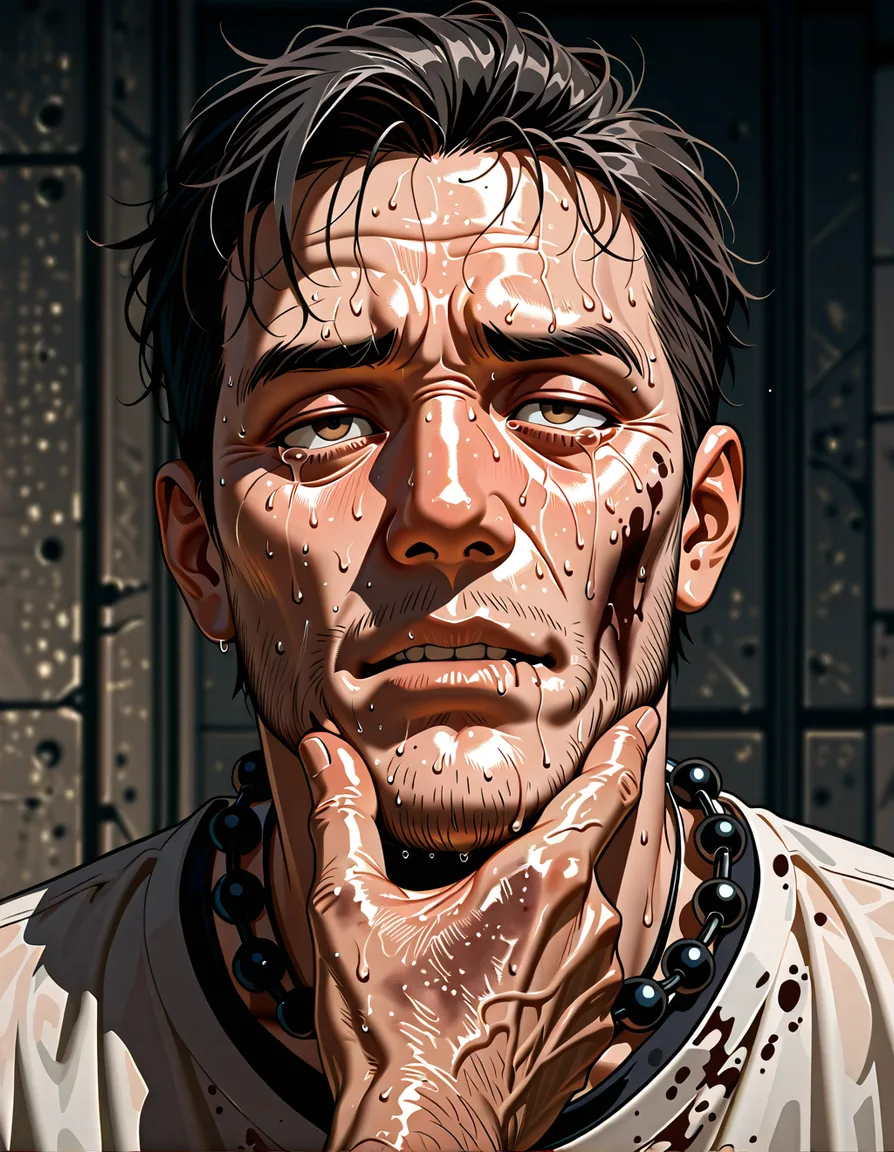 close-up, sweaty face of a handsome straight athlete, tears, smeared dirt, flushed cheeks, parted lips, breathless, ashamed but aroused, older man's thick fingers tilting his chin, dark gym background, harsh side light, sweat beads, stubble, raw skin texture, cinematic, photorealistic, 8k, homoerotic tension, corruption, degradation, power exchange, sleazy, gritty, taboo --ar 1:1 --style raw --v 6, full_body, hentai_studio_quality