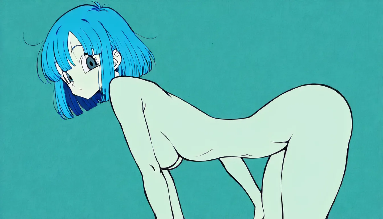 Fit curvy large breasted naked completely_nude pirate bent over looking back at viewer dragon ball style blue hair