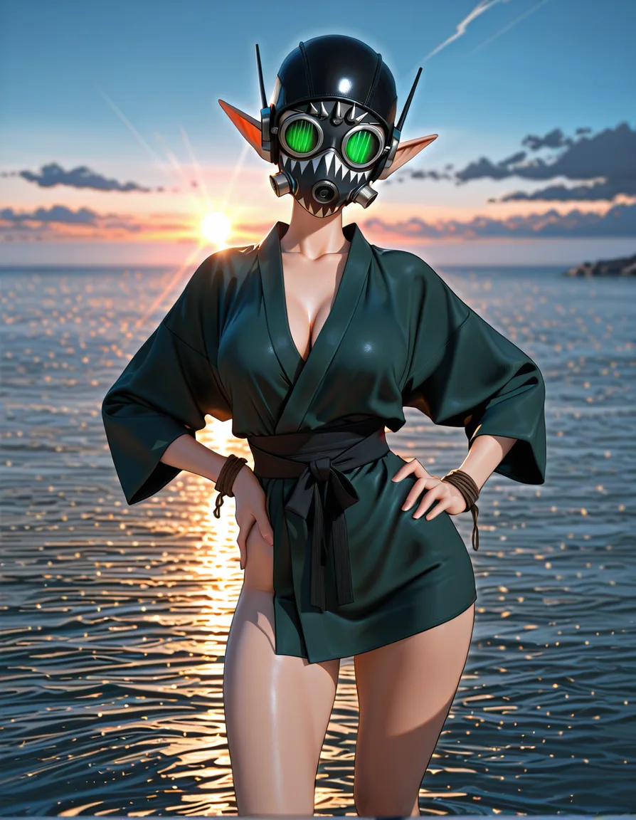 masterpiece, fine detail, elf girl, hand on own hip, japanese clothes, bondage, ocean, doujin style, score_9, score_8, 3d render, octane render, subsurface scattering, ray tracing, smooth shading