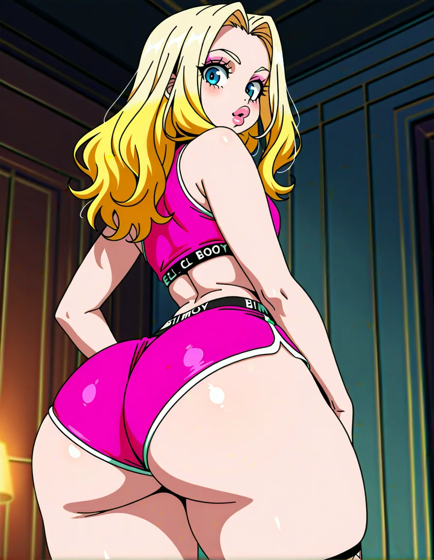 High quality, Long blonde hair, blue eyes, bimbo lips, lips, gigantic fake lips, puffy lips, fat lips, pink lipstick, pink crop top, booty shorts, fishnets, thick plump thighs, small waist, huge ass, h, (anime style:1.3), 2d, anime screencap, cel shading, flat color, @00osamio00