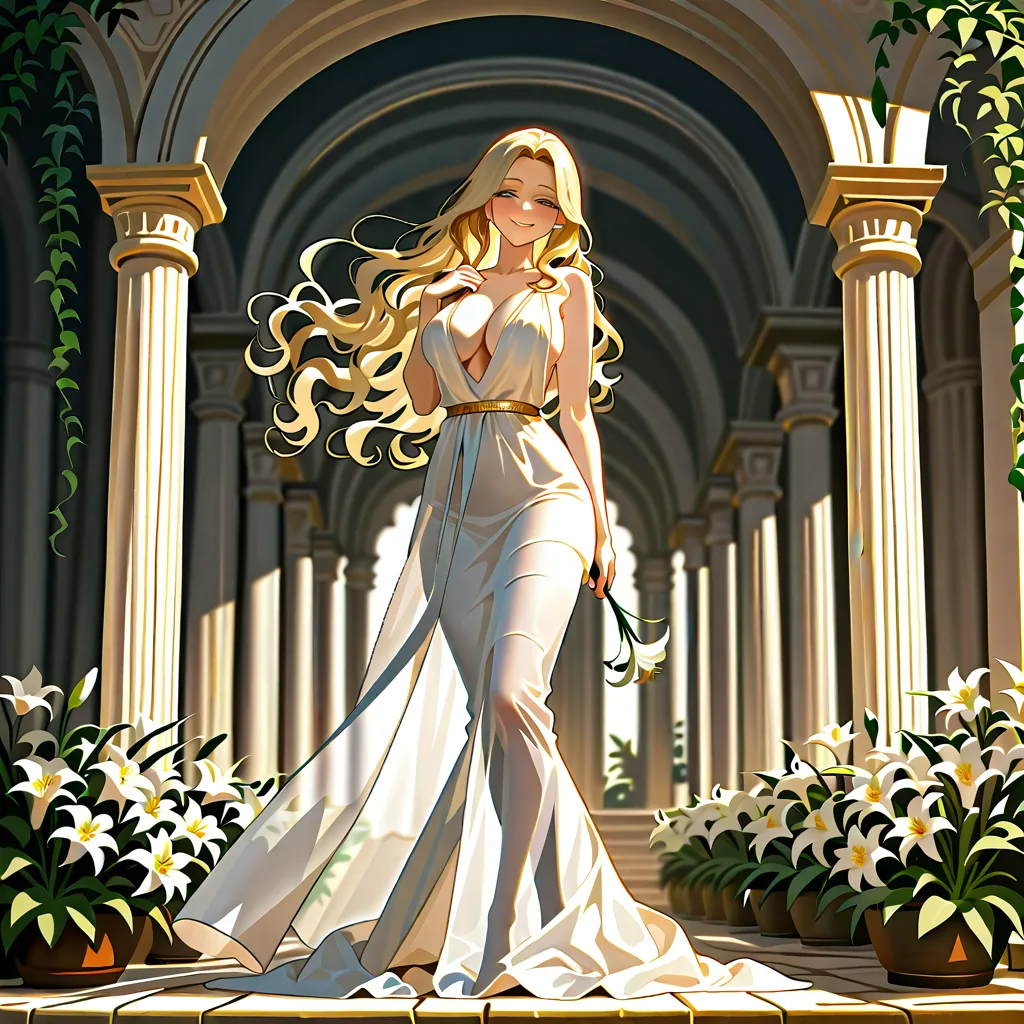 masterpiece, best quality, ultra-detailed, 8k uhd, anime style, 1girl, mature female, milf, beautiful detailed face, seductive smile, half-closed eyes, long blonde hair, wavy hair, hair flowing in wind, standing, full body, white dress, greek goddess dress, flowing white gown, toga, see-through silhouette, holding flower, white lily, lily stems in both hands, elegant pose, marble pergola, ancient greek architecture, white columns, winding branches, lily leaves, garden background, soft lighting, cinematic composition, depth of field, detailed background, ethereal atmosphere XCJFDVUESYPNMNXK, hentai_studio_quality