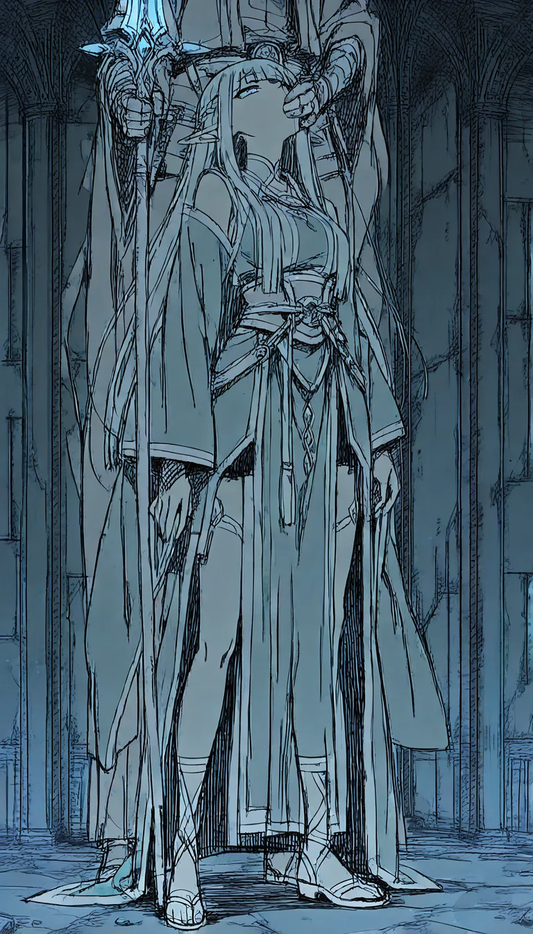 ultra detailed, crisp, elf girl, blunt bangs, weapon, deepthroat, smoldering look, full body, anime screencap