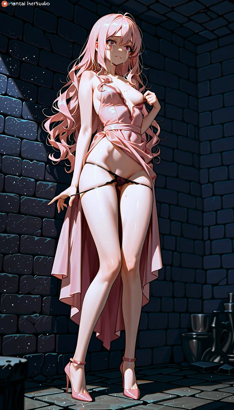 An incredibly beautiful, sweet girl, with a detailed face, crying sadly, with very long, wavy chestnut hair, small breasts, her dress is torn, exposing one breast, wearing a thin pink top with lace, a short pink dress, with the dress hiked up, thin panties pulled down below her knees, wearing stiletto heels with very high heels and thin straps around her legs, in a dark dungeon, crying sadly., hentai_studio_quality