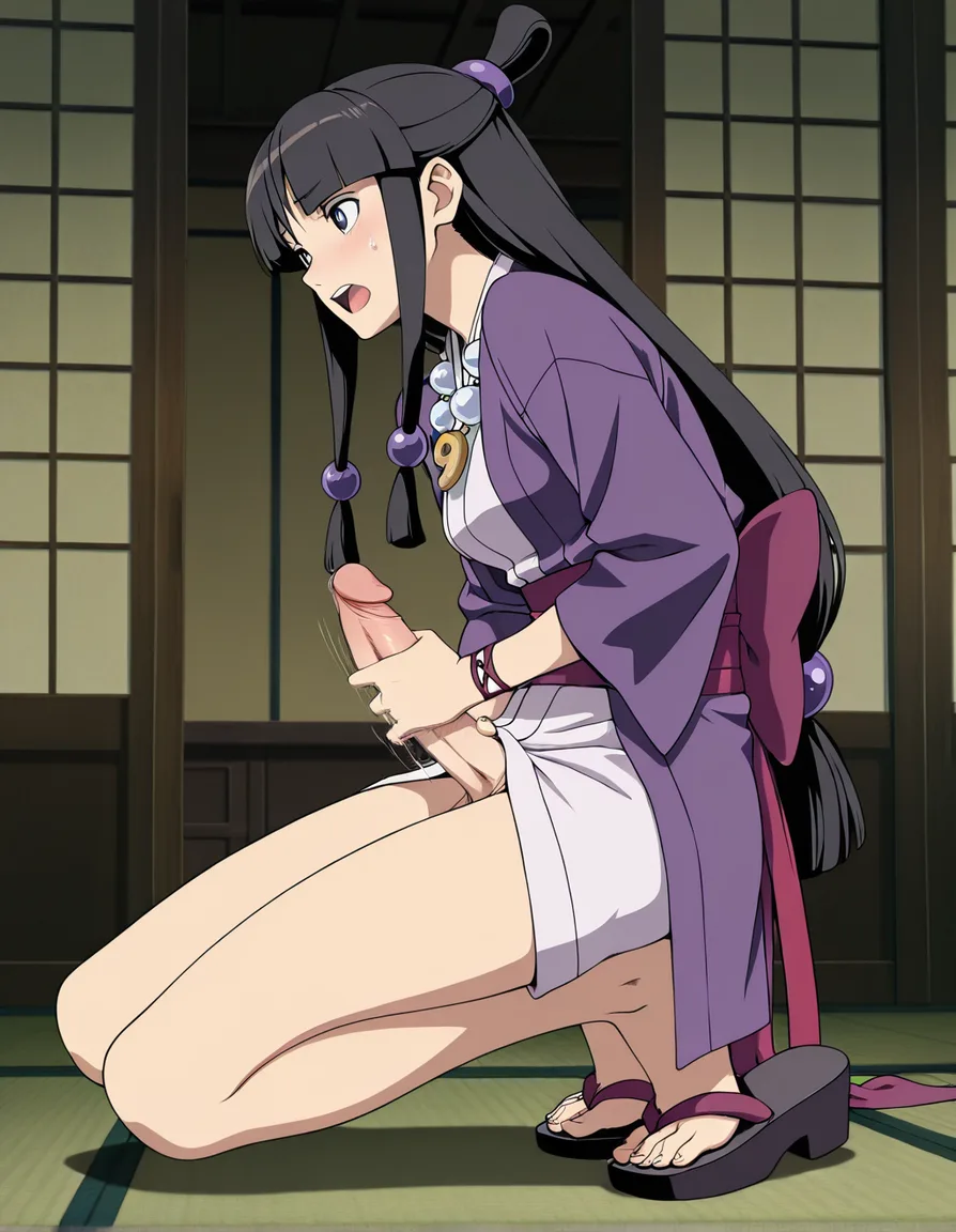 Maya Fey from Ace Attorney,
Full body, in clothed, futanari masturbation, (anime style:1.3), 2d, anime screencap, cel shading, flat color