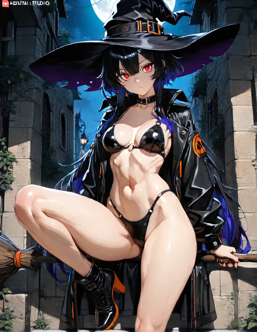 highly detailed, sharp, witch, toned body, jacket, leg up, eroge aesthetic, hentai_studio_quality