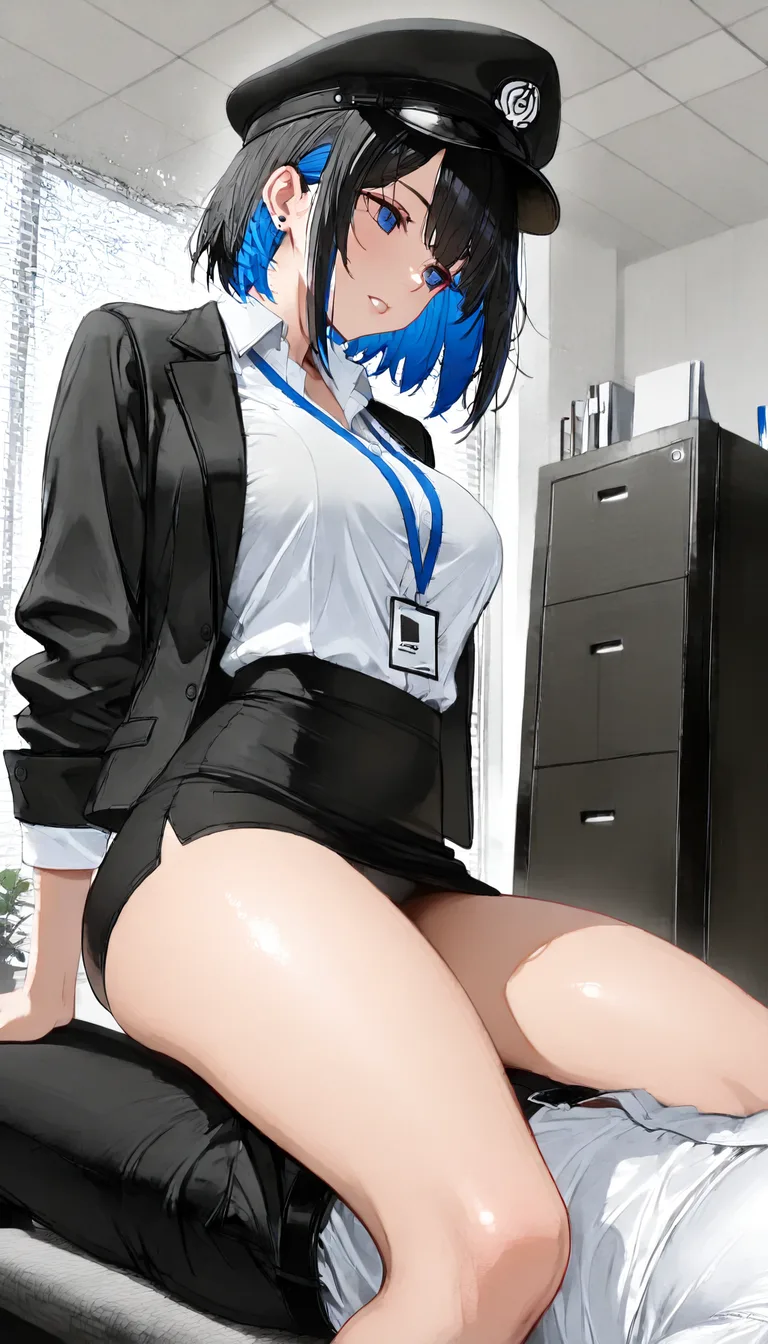 best quality, hyperrealistic, office lady, multicolored hair, hat, straddling, 8k uhd photo