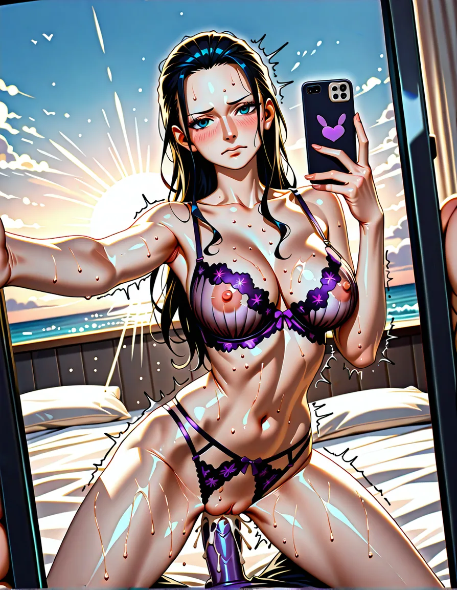 masterpiece, clean art, @nico_robin _, (one_piece), begging pose, begging for more, begging for cum, pressing breasts together, holding phone, taking a selfie, filming sex , femdom, seductive, dominatrix long black_hair hentai_studio_quality, orgasm, vaginal, hard nipples, long_hair, female orgasm, 8k, (lingerie), purple lace, dildo in pussy , shaking orgasm , high res, hentai_studio_quality, (anime style:1.3), anime screencap, selfie, user, interface, fake, screenshot, viewfinder, phone, screen, taking, picture, <lora:selfieXLv2:.8>, , ((extreme pleasure, orgasm, dynamic pose)), looking at viewer, beautiful curves of the body, extreme pleasure, blush, slim waist, (skinny abs:.5), wet pussy, crotchless panties, , vagina,  good lighting, sunbeams midday, blue sky, sunset, unfocused background, lighting on girl, bright lighting, taking a selfie, phone, realistic hands, realistic limbs., ((round breasts:1.4)), <lora:hentai_anime_style_xl_v1:1.8>, <lora:animescreencap_xl:1.8>, <lora:cinematic-lite:.8>, fine_ascxl, anime, screencap, <lora:Anime_Screencap_Enhancement-v1:.8> (side view), (deep penetration), (1girl), 1girl, lingerie, lace trim, purple lace lingerie, see-through bra long_hair  lingerie purple see through bra, hentai_studio_quality solo, hentai_studio_quality solo_focus, hentai_studio_quality style_parody, hentai_studio_quality, hentai_studio_quality top down from_above official_style, hentai_studio_quality full_body full_body body view multiple_views, hentai_studio_quality, hentai_studio_quality, hentai_studio_quality