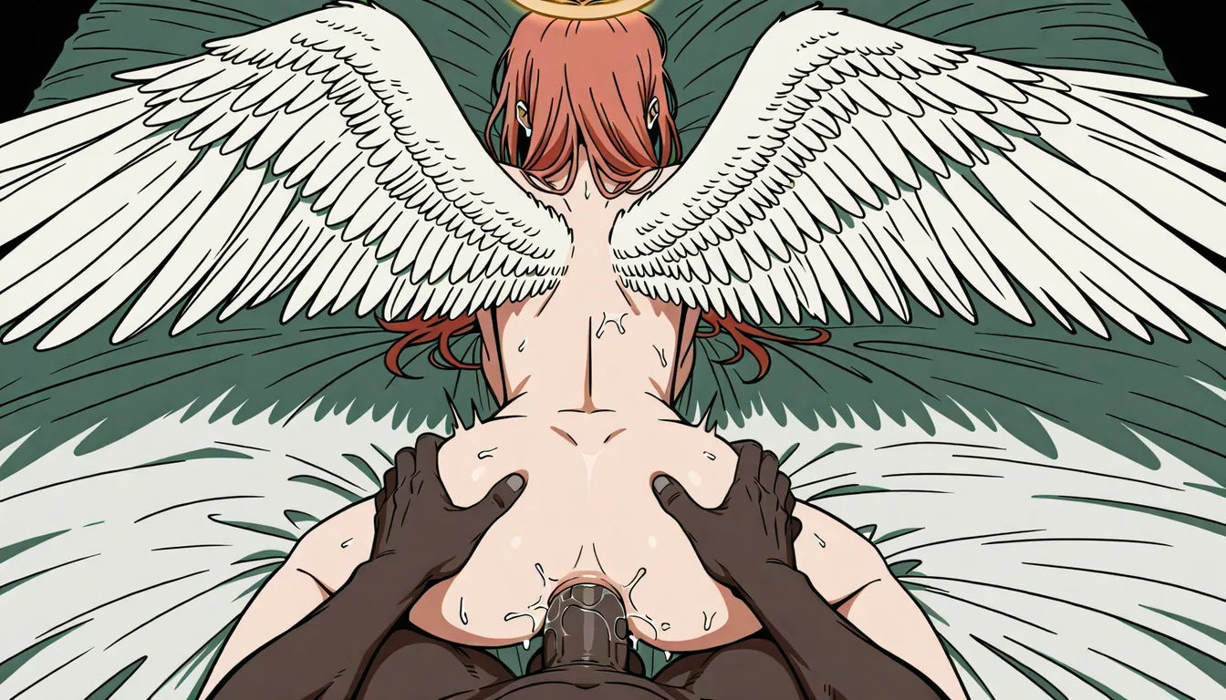 angel_devil_(chainsaw_man),masterpiece_quality, (anal sex:1.4), faceless, (angel_devil_(chainsaw_man):1.5), (interracial:1.5),long_hair, red_hair, angel_wings, halo, POV, (doggystyle:1.4), interracial, BBC, on bed, from_behind, otoko_no_ko, flat_boy's_chest,big angel wings, gay, penis, anal_penetration, doggystyle, dark-skinned_male, penis in ass, anus is gripping penis around, big black penis, black male, anal fluids on penis, anal juice, sweat,