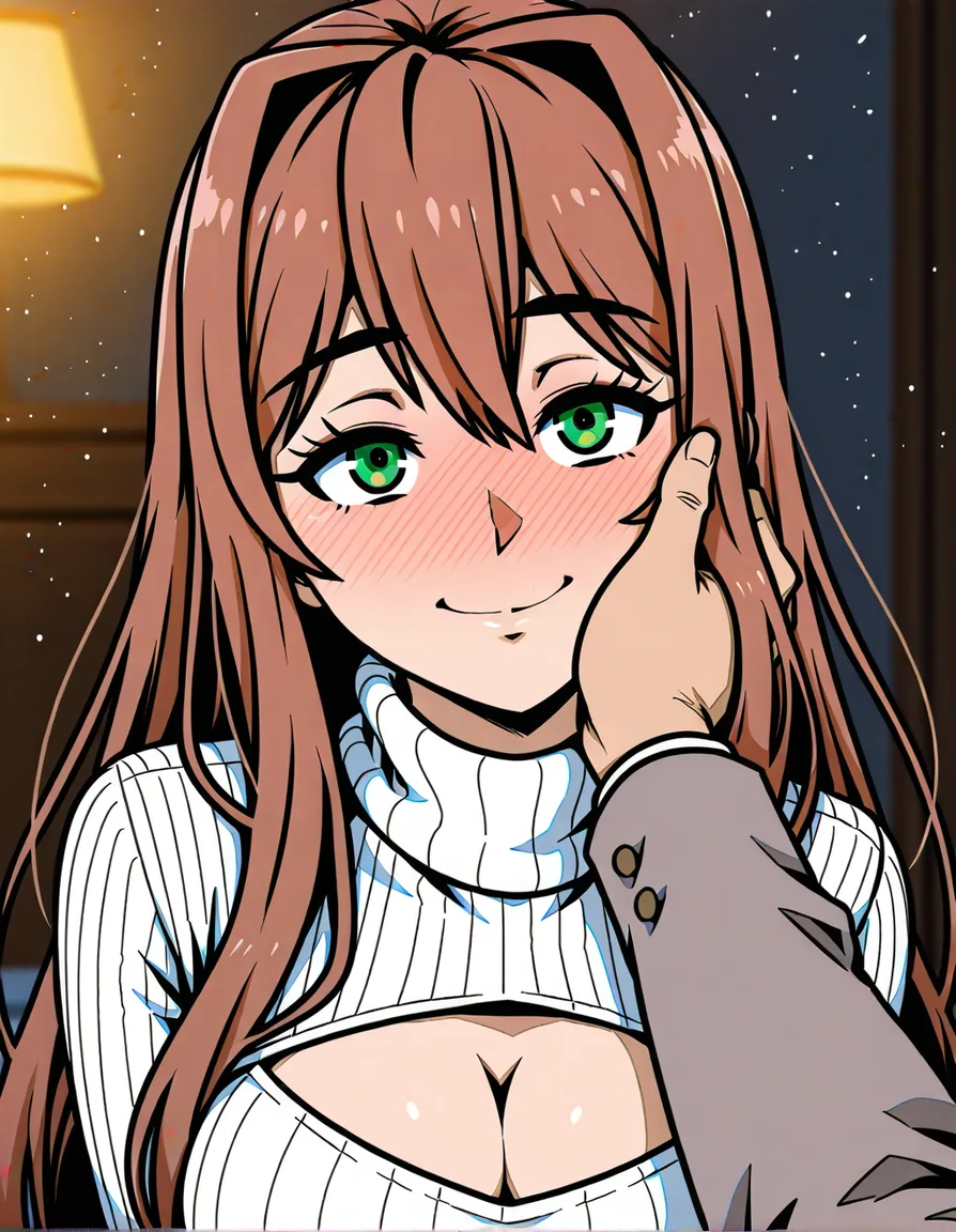 akairiot_artstyle, @monika_(doki_doki_literature_club), 1girl, hair_down, full-face_blush, smile, white_sweater, cleavage_cutout, hand_on_another's_face, looking_at_viewer, (anime style:1.3), 2d, anime screencap, cel shading, flat color, @00osamio00