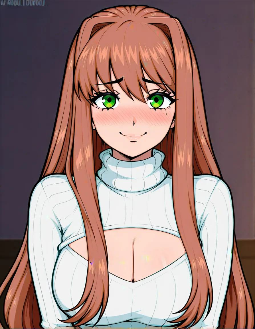 afrobull_artstyle, @monika_(doki_doki_literature_club), 1girl, hair_down, full-face_blush, smile, white_sweater, cleavage_cutout, looking_at_viewer, (anime style:1.3), 2d, anime screencap, cel shading, flat color, @00osamio00