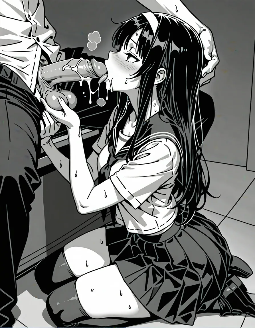 1girl, penis, 1boy, monochrome, hetero, greyscale, testicles, thighhighs, fellatio, skirt, oral, caressing testicles, pleated skirt, serafuku, uncensored, long hair, solo focus, tongue, hairband, erection, tongue out, blush, cum, sweat, short sleeves, shoes, socks, sitting, explicit, hentai_studio_quality