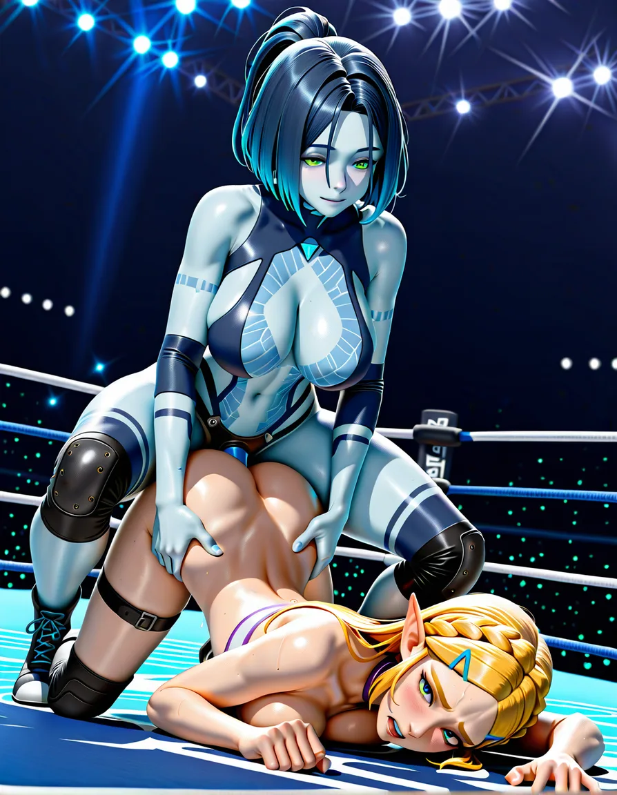 cortana_(halo)-blue , @princess_zelda , yuri sex, wrestling_ring wrestling , defeated , strap-on vaginal doggystyle bent_over, hentai_studio_quality, hentai_studio_quality, hentai_studio_quality, hentai_studio_quality, score_9, score_8, 3d render, octane render, subsurface scattering, ray tracing, smooth shading