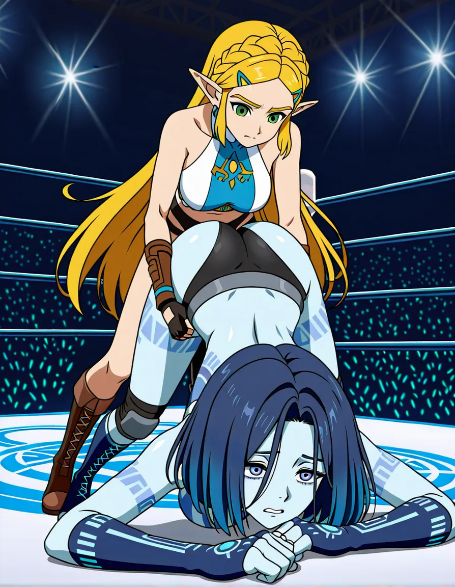 cortana_(halo)-blue , @princess_zelda , yuri sex, wrestling_ring wrestling , defeated , strap-on vaginal doggystyle bent_over,,, (anime style:1.3), 2d, anime screencap, cel shading, flat color, @00osamio00, hentai_studio_quality