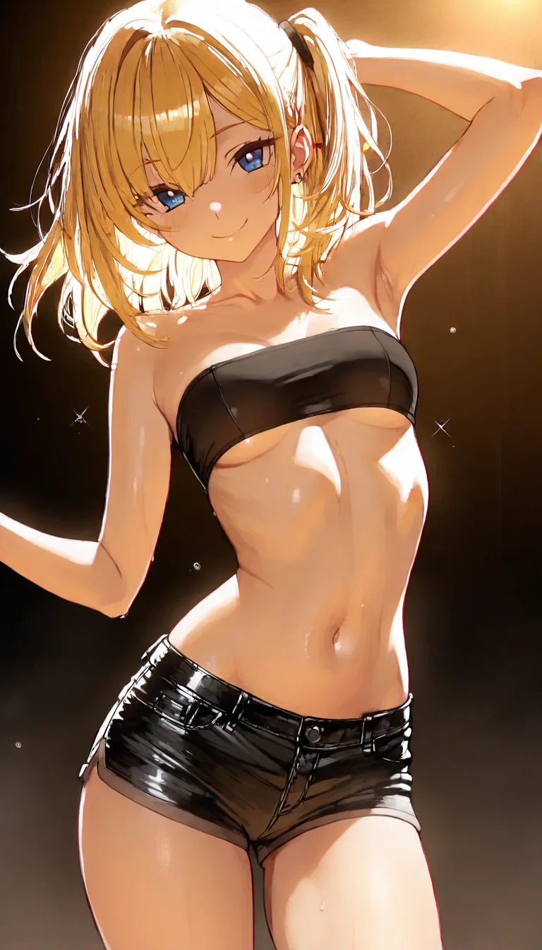 blonde hair, small breasts, open_fly, dancing, smile, tube_top