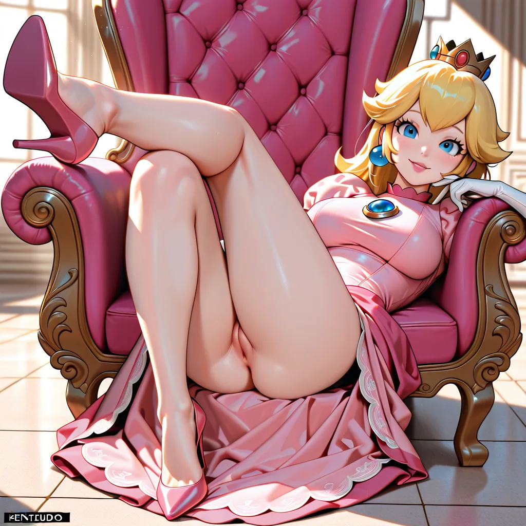 best quality, explicit detail, princess peach, smiling, sitting on an chair wearing a pink dress and pink high heels rubbing her left foot over a pussy of a woman lying on the ground, hentai_studio_quality