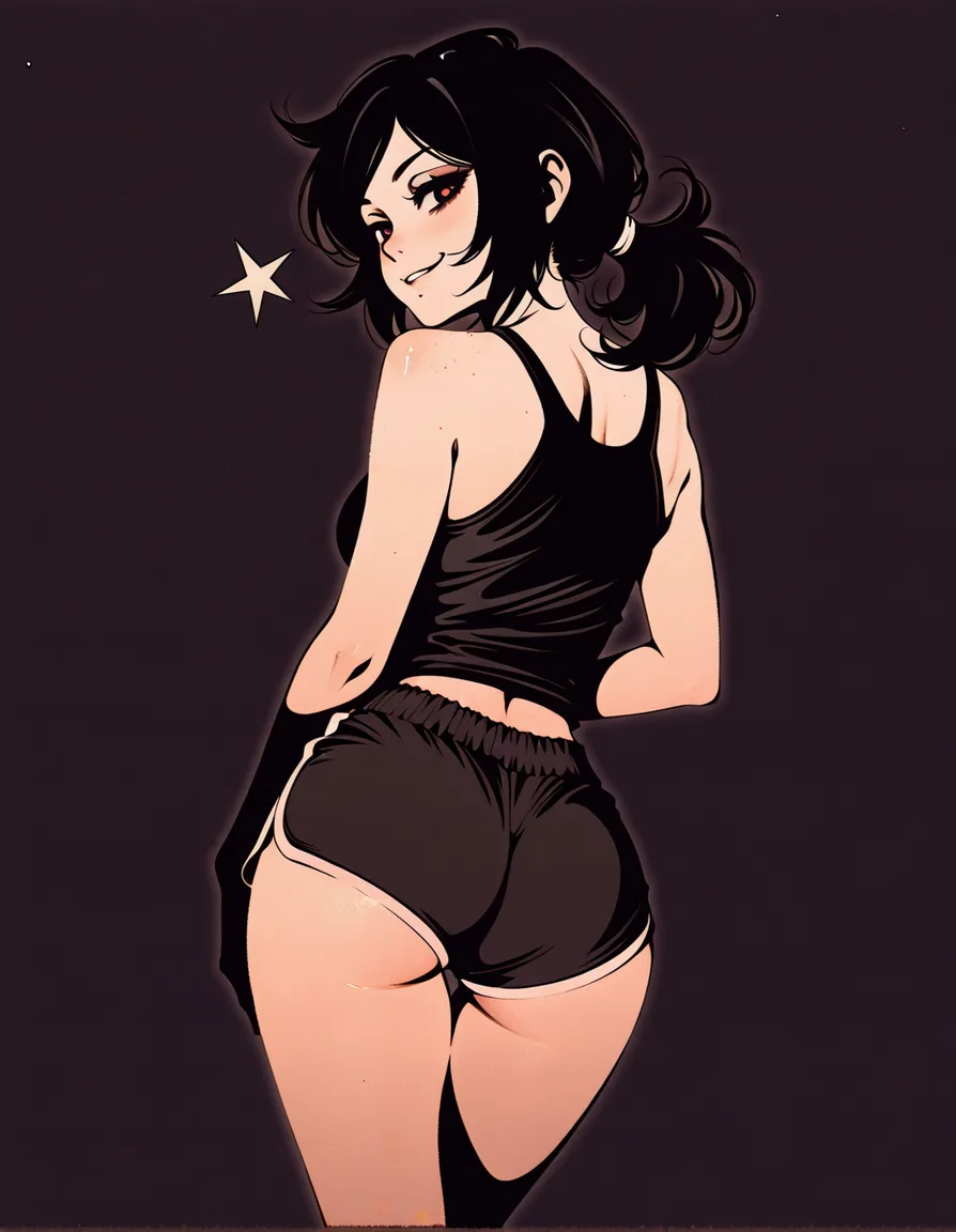 #moshimoshibe_artstyle, @ashley_graves, 1girl, solo, black_hair, smug, black_tank_top, dolphin_shorts, black_shorts, ass, standing, full_body, looking_back, from_behind, hentai_studio_quality