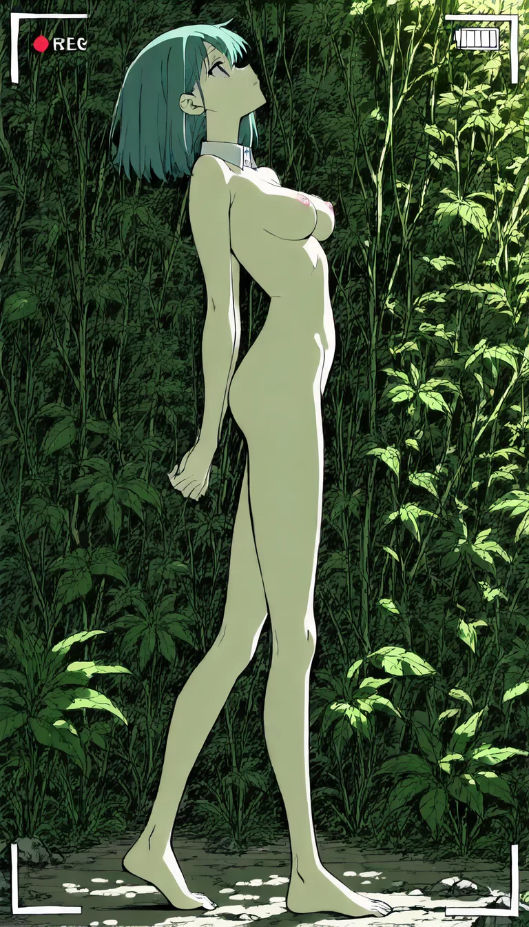 Nude, highly detailed, natural lighting, solo focus, medium breasts, collared shirt, walking toward camera, arching back, plant, full body, film photography