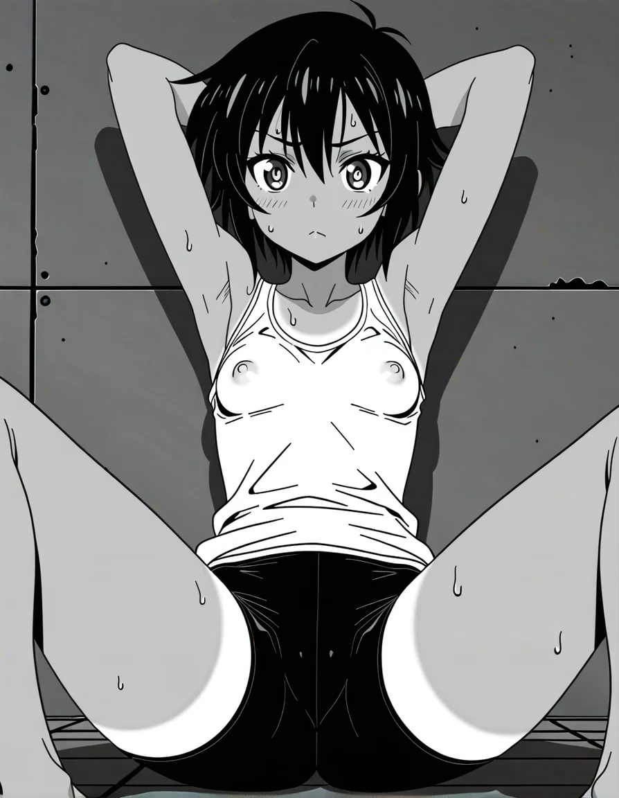 1girl, arms_behind_head, small_breasts, short_hair, tanlines, tank_top, bike_shorts, puffy_nipples, covered_nipples, sweat, spread_legs, greyscale., (anime style:1.3), 2d, anime screencap, cel shading, flat color, @00osamio00