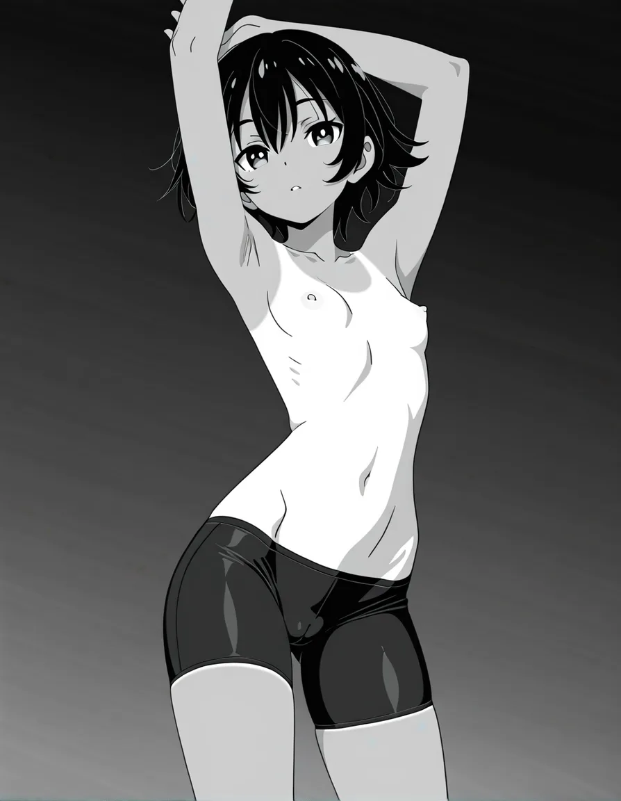 1girl, short_hair, arms_up, small_breasts, tanlines, bike_shorts, covered_nipples, uncensored, greyscale, otoko_no_ko., (anime style:1.3), 2d, anime screencap, cel shading, flat color, @00osamio00