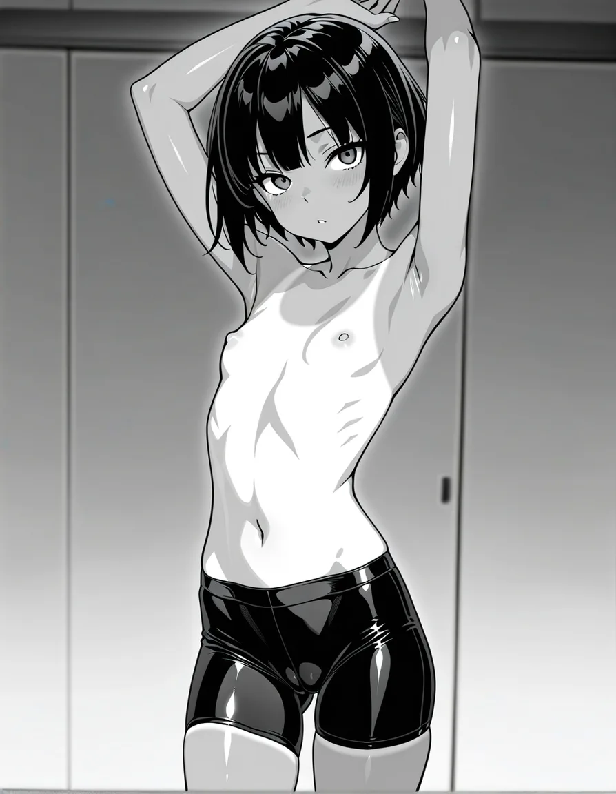 1girl, short_hair, arms_up, small_breasts, tanlines, bike_shorts, covered_nipples, uncensored, greyscale, otoko_no_ko., hentai_studio_quality