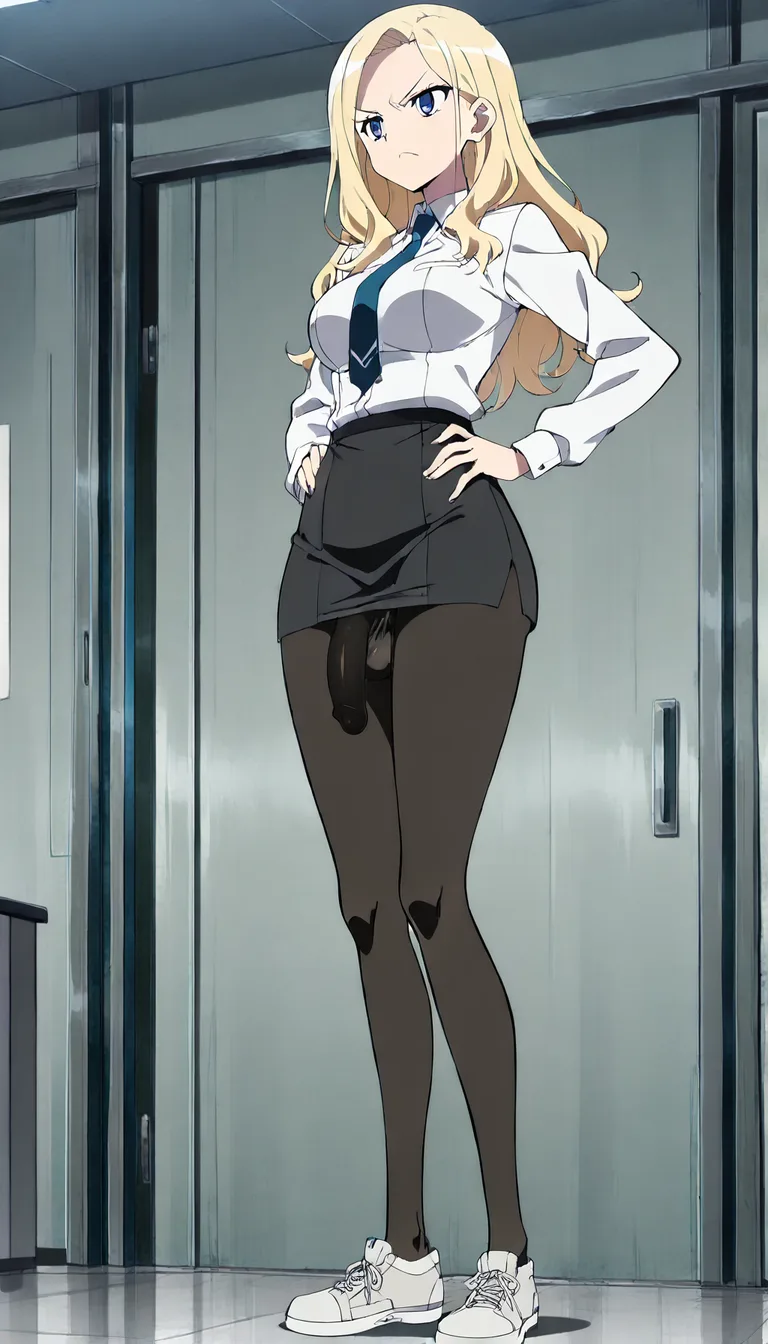 Angry blonde secretary woman in miniskirt and Black pantyhose, without shoes, kicks naked man standing in front of her in the naked testicles, and then she laughs.