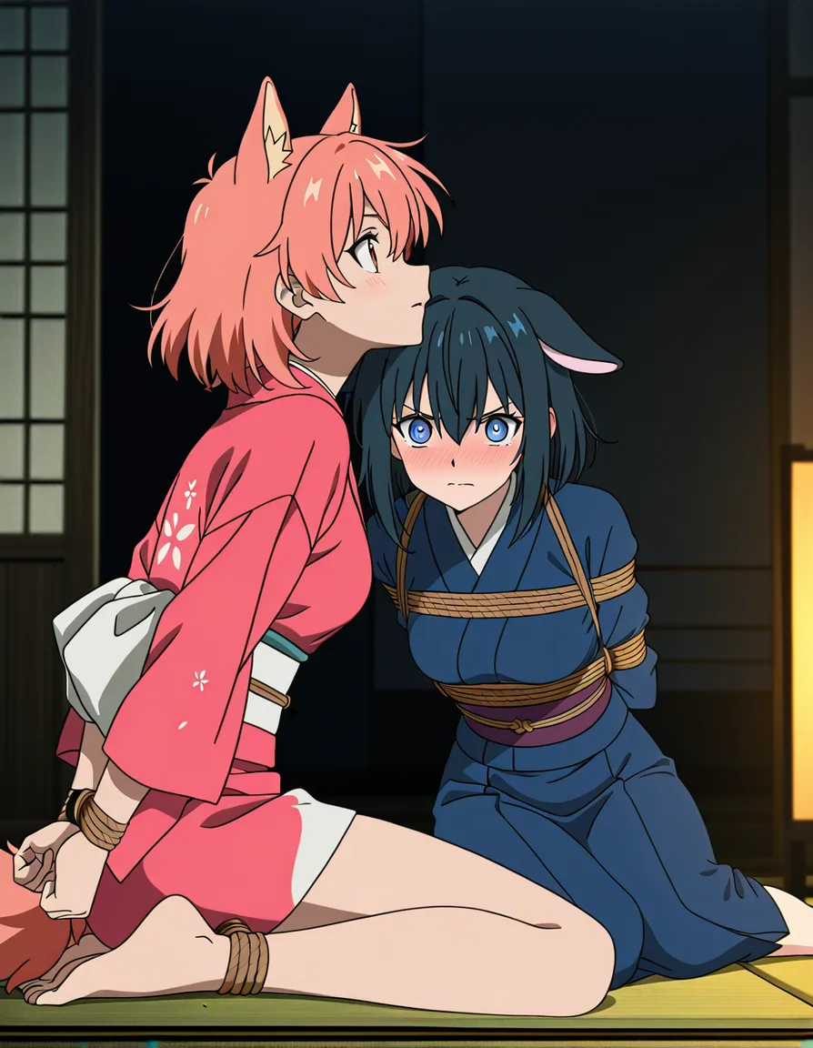 ultra detailed shading, 2girls, animal ears, japanese clothes, bondage, submissive blush, vivid anime colors, (anime style:1.3), 2d, anime screencap, cel shading, flat color, @00osamio00