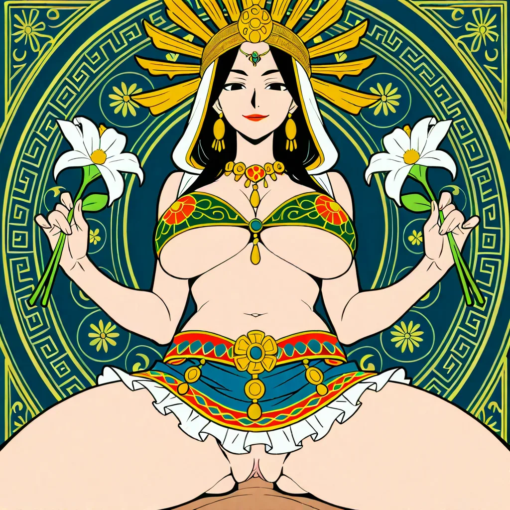 1 Adult Mother Goddess with multiple arms, ethnicity Hindu, Bengali, red lipstick, Accurate Anatomy, symmetrical body structure, Big chest, Thick thighs and arms, thick pelvis, tight fitting bra with intricate patterns and baggy mini skirt with curls and frills, Adorned Heavily in Indian Ornaments, black eyes, POV Sex, Pussy, Symmetrical Tight Straddling Position, Having sex with viewer, big all around Mukut Crown, devine radiance, Calm and Graceful Expression, confident smile with hooded eyes, flowers around in Symmetrical order, holding flowers, floral necklace, semi realistic