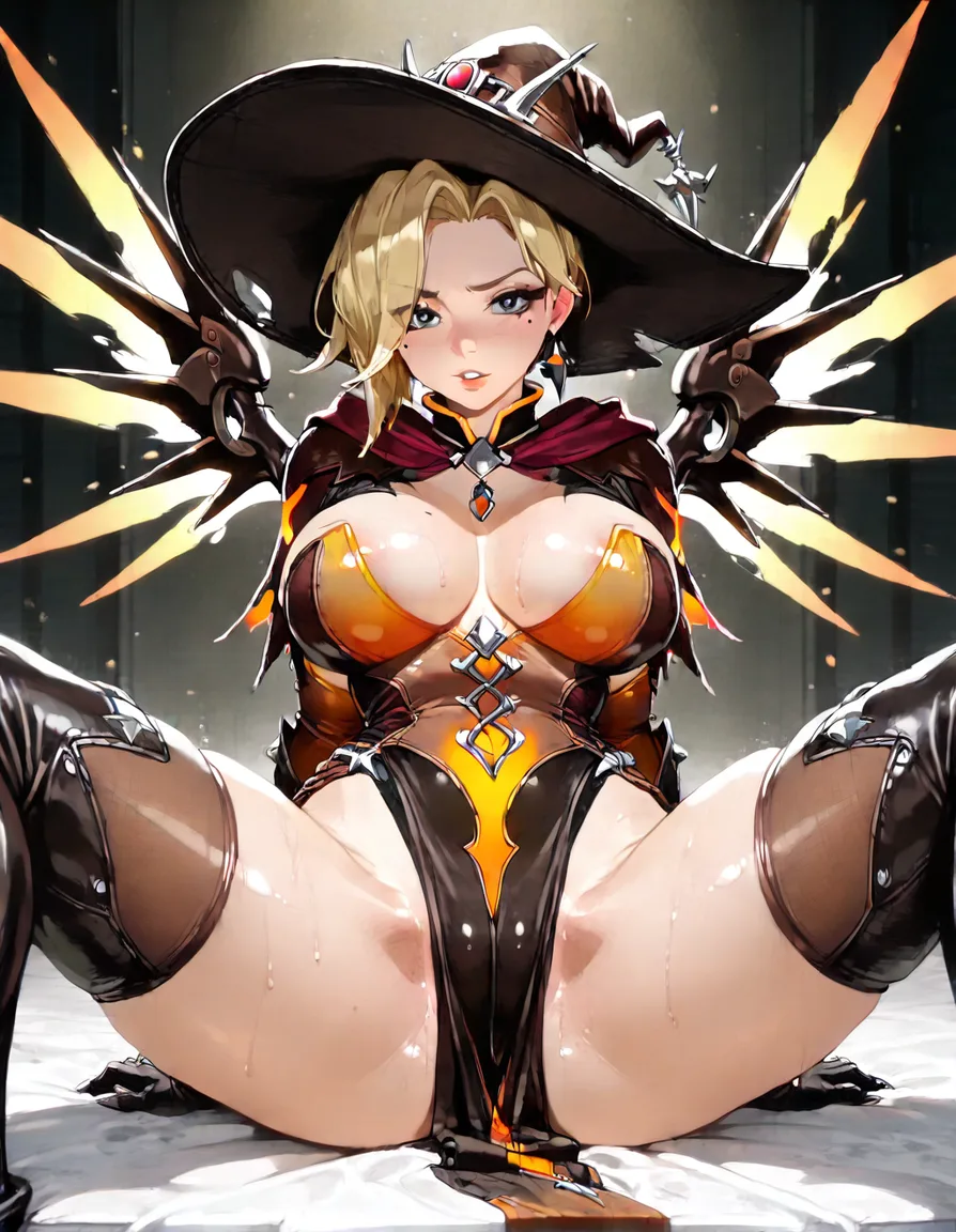 Sexy busty witch mercy from overwatch mole on tits, hentai_studio_quality