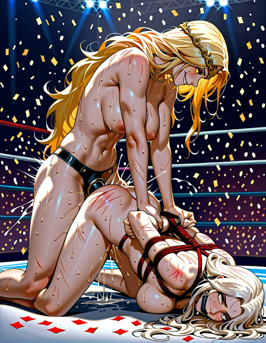2girls , Best_quality, ultra_detailed, from_side , evil_smile salem-(rwby)-white-hair, queen_marika_(elden_ring),   yuri sex ,wrestling_ring wrestling defeated, pussy_juice squirting orgasm , sweat, strap-on vaginal all_fours  sex_from_behind doggystyle, on_floor,,, ahegao scratches bruised, shibari gagged confetti, nude, hentai_studio_quality, hentai_studio_quality