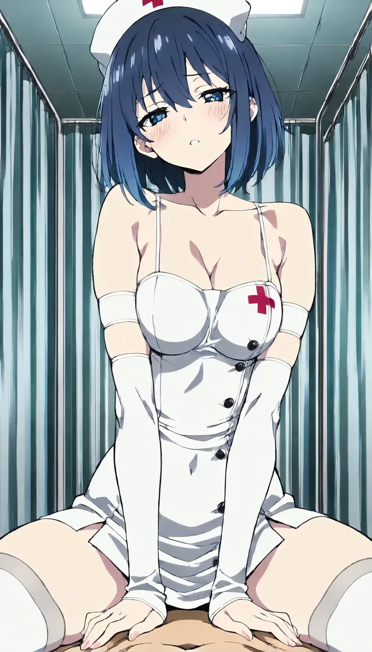 masterpiece, best quality, nurse, cowgirl position, collarbone, detached sleeves, 2D illustration