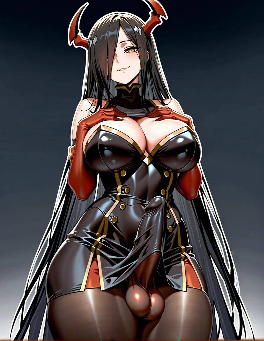 /masterpiece absurdres /ultra_detailed outline friedrich_der_grosse_(azur_lane) solo mature_female tall_girl yellow_eyes black_pupils horns hair_over_one_eye huge_ass thick_thighs half-closed_eyes seductive_smile hand_on_own_chest futanari erection erection_under_clothes huge_penis testicles_under_clothes from_below absurdly_long_hair, hentai_studio_quality