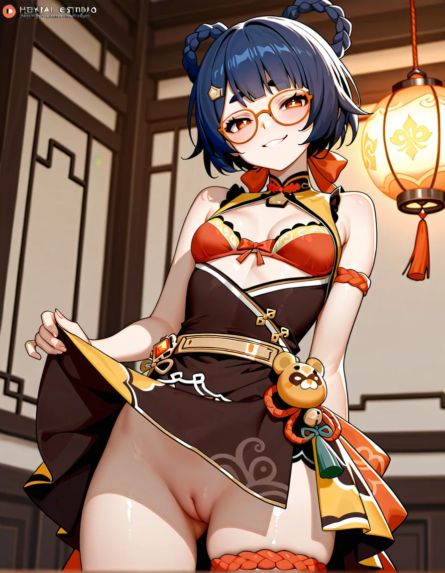 @xiangling_(genshin_impact), glasses, /hentai_studio_quality, small_breasts, naughty_face, red bra, no panties, red_eyes, upskirt, pussy, @xiangling_(genshin_impact) outfit, hentai_studio_quality