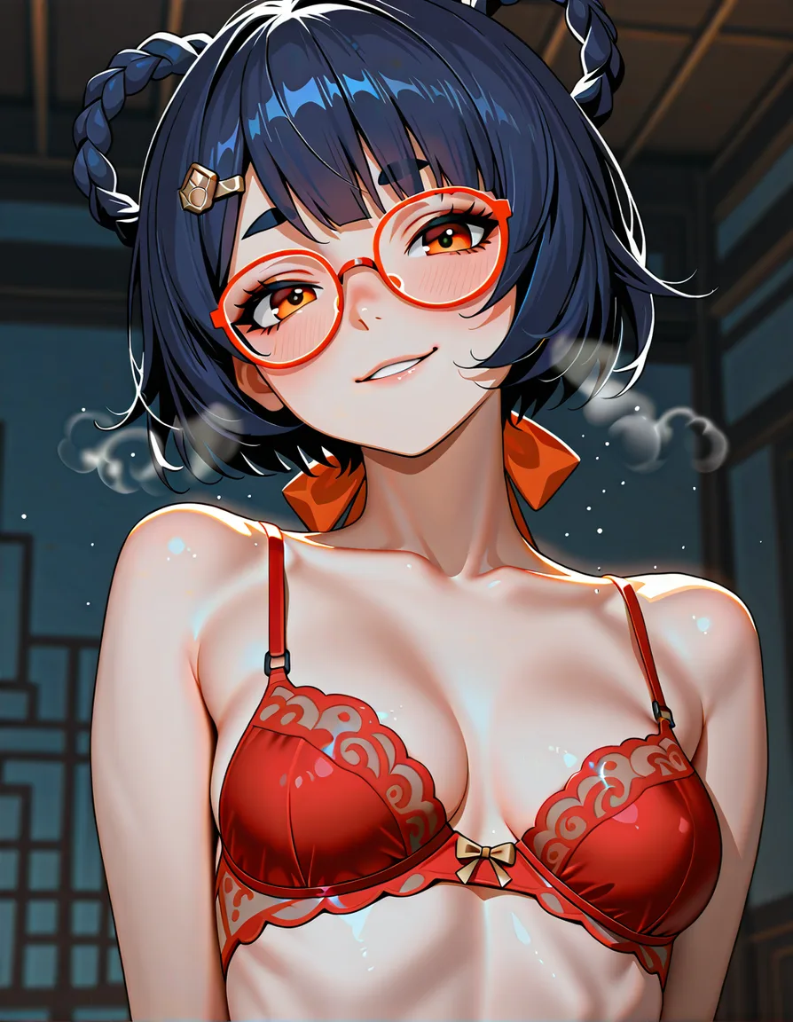 @xiangling_(genshin_impact), seductive_smile, small_breasts, /hentai_studio_quality, /masterpiece, /best_quality, /best_lighting, /ultra_detailed, /highres, no_bra, glasses, black_hair, dark_hair, looking_breasts, heavy_breathing,  no_shirt, close-up, hentai_studio_quality, facing_viewer, red_bra, red_eyes, hentai_studio_quality