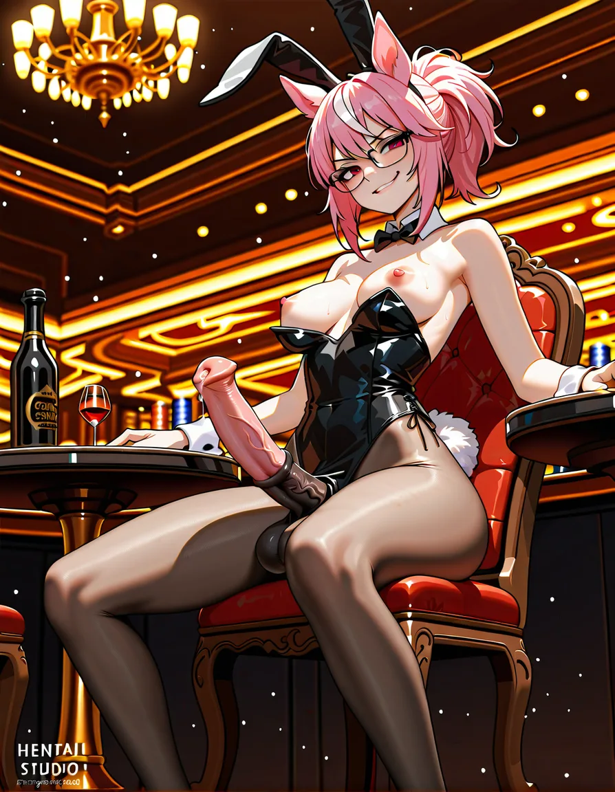 pony girl, bunny costume, slender, medium breasts, nipples, large hips, futanari, horse penis, precum, sitting on a chair, casino, glasses, short pink hair, brown eyes, evil smirk, hentai_studio_quality